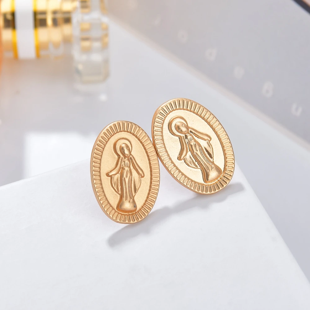 

MESTILO 2019 Good Quality Gold Pleated Virgin Mary Small Stud Earrings For Women Girls Cameo Earrings Brincos Bijoux Accessories