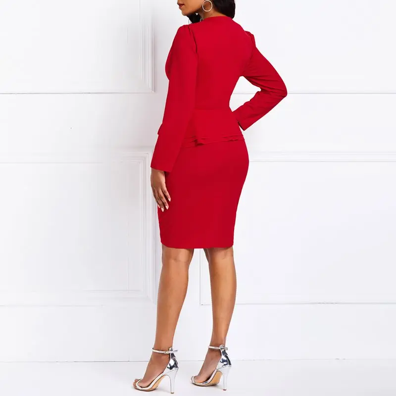 Spring 2019 Women Suits Office Wear Blazer Coat Ruffles Sexy Bodycon Dresses Solid Red 2 Piece Dress Suit Elegant Business Sets