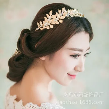 

Grecian Metal Leaf Headband Rhinestones Pearls Wedding Headpiece Earrings Sets Headband For Adults Gold Hair Accessory