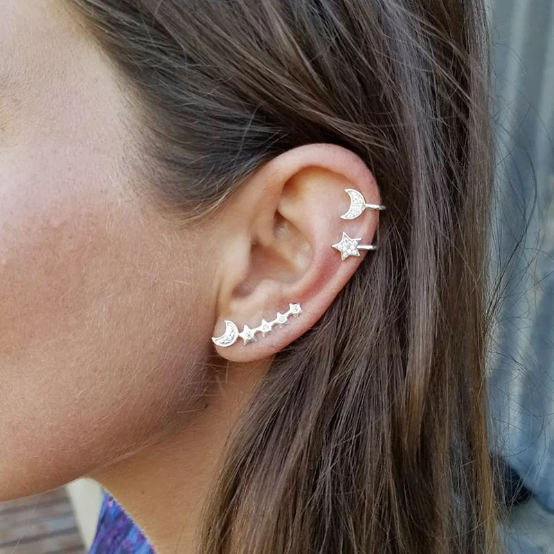 Fashion 3PCS/Set Handmade Star Moon Cuff Earrings Simple Ear Clip