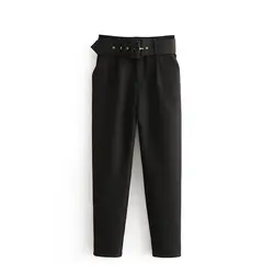 Для женщин Элегантный черный брюки для девочек пояса карманы на молнии твердые дамы уличная повседневное chic мотобрюки pantalones