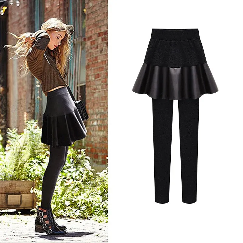 

Winter 6XL Fake Two Pieces PU Skirt Pencil Pants Women Knitting Velvet Elastic Waist Keep Warm Trousers