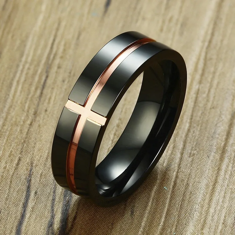

Men Wedding Band Rose Gold Tone Matte Black Stainless Steel Grooved Cross Comfort Fit Ring 6MM