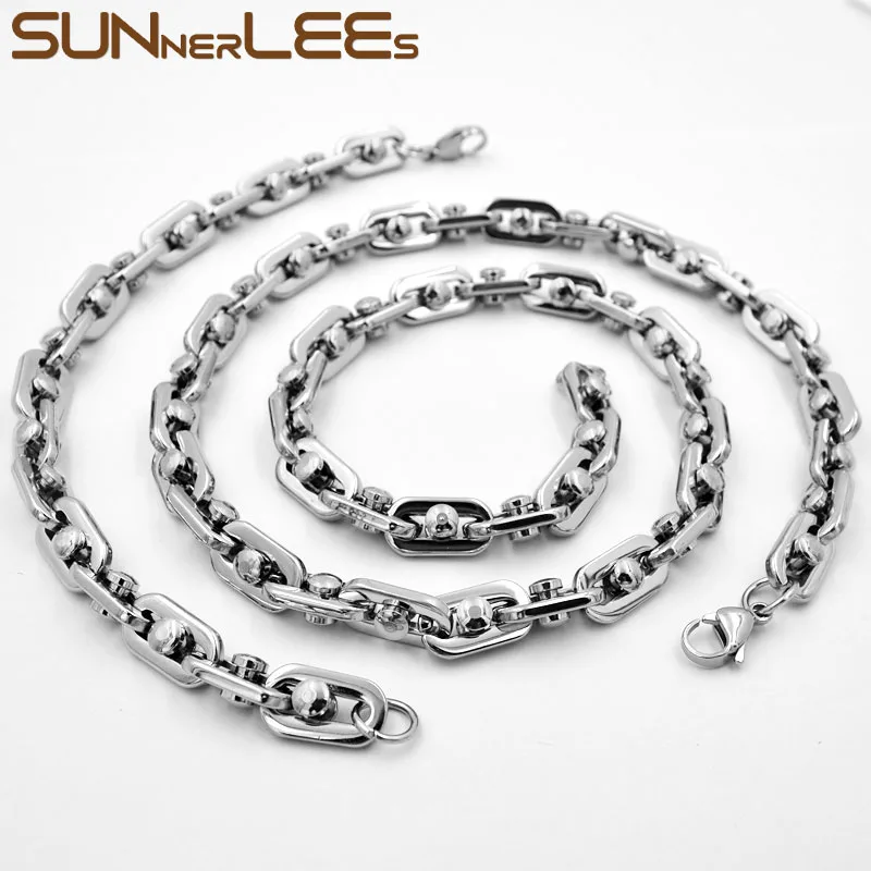 

SUNNERLEES Fashion Jewelry 316L Stainless Steel Necklace Bracelet Set 9mm Geometric Link Chain Silver Gold Men Women Gift SC74 S