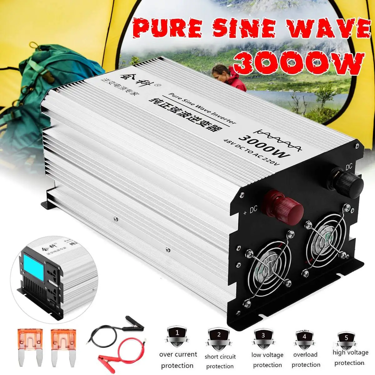 

DC 12V 24V 48V AC 220V 1500W Peaks 3000W Large Size Liquid Crystal Display Pure Sine Wave Car Power Inverter