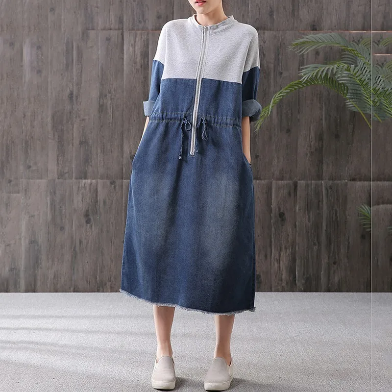 

[YaLee] New Fashion 2019 Spring Summer Contrast Color Stand Neck Long Sleeve Zipper Rope Pockets Loose Denim Dress Women Y928