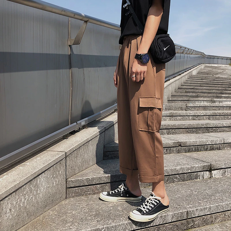 Men's Trousers  Summer New Loose Solid Color Stereo Pocket Korean Version Of The Straight Nine Pants Youth Casual Men's Clothing