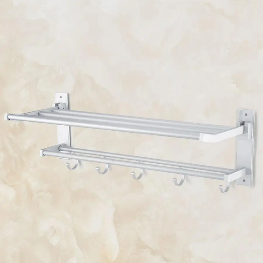 

Space Alumimum Bath Towel Hanging Rack Holder Washcloth Shelf w/ 5 Hooks towel Organizer Washroom Bathroom Accessories