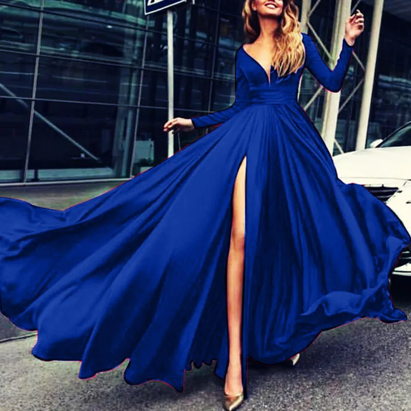 

Sexy Women Long Maxi Dress Deep V Neck Evening Club Party Beach Split Dress