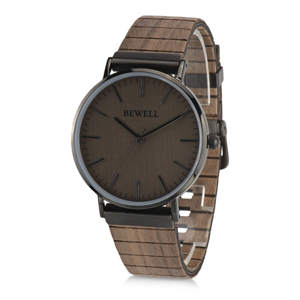 

BEWELL ZS - W001S Men Quartz Watch Wooden Leather Strap Wristwatch