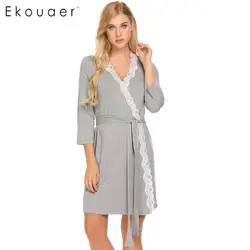 Ekouaer женский халат с длинным рукавом v-образный вырез с кружевной отделкой ночные рубашки халат с поясом халаты халат Gowm халаты Женская