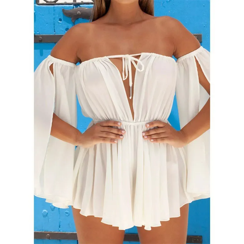 Sexy Off Shoulder Deep V-Neck Beach Junmpsuit Women High Waist Jumpsuit Rompers White Backless Playsuit Overalls