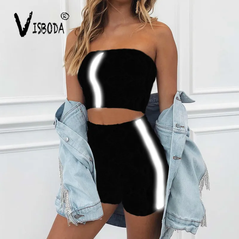

Women Sexy 2 Pieces Set Reflective Cropped Top And Shorts 2019 Fashion Female Elasitc Bralette Bustier High Waist Legging Pants