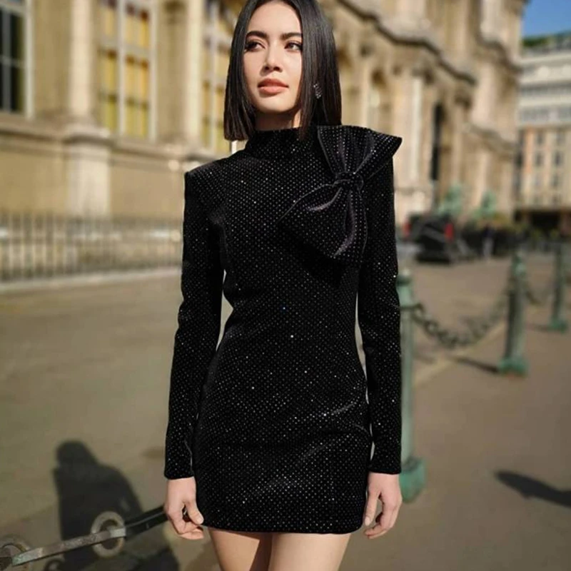 

2019 New spring Fashion Runway Designer Gilding Sequines Velvet Dress Women Long Sleeve Big Bowknot Sheath Bodycon Party Dress