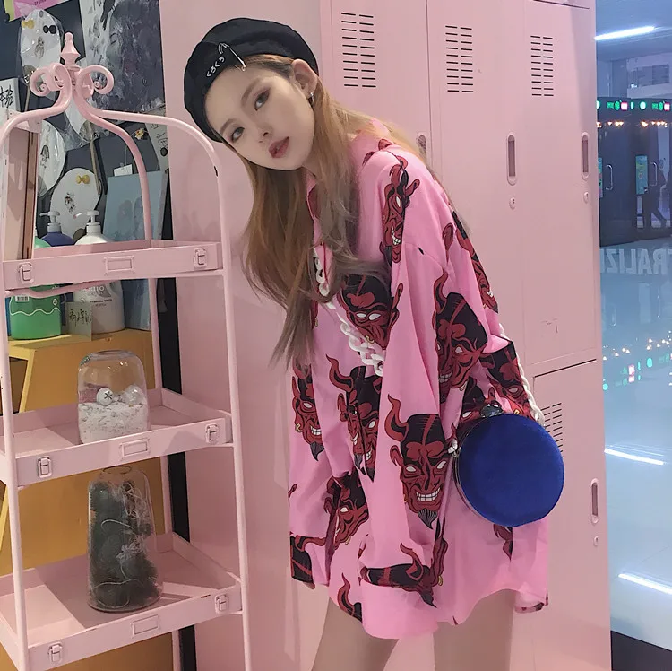 

Satin Blouse Streetwear Chemise Femme Steampunk Long Shirt Japanese Summer Cardigan Pink Sleeve Tops Koszula Damska 2019 Spring