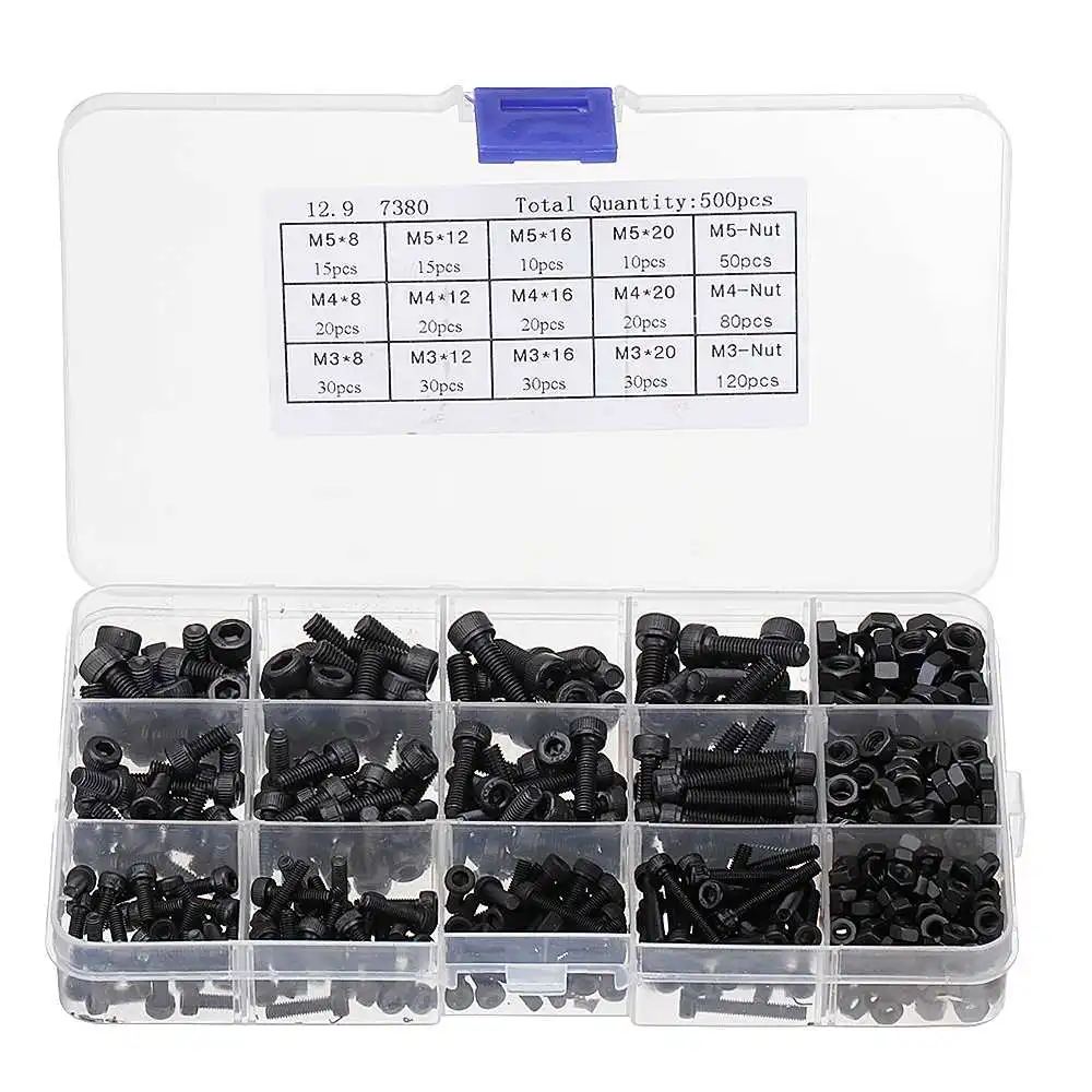 

Suleve MXCH5 500Pcs M3 M4 M5 Carbon Steel Screw Hex Socket Cap Head 8-20cm Bolt Nut Assortment