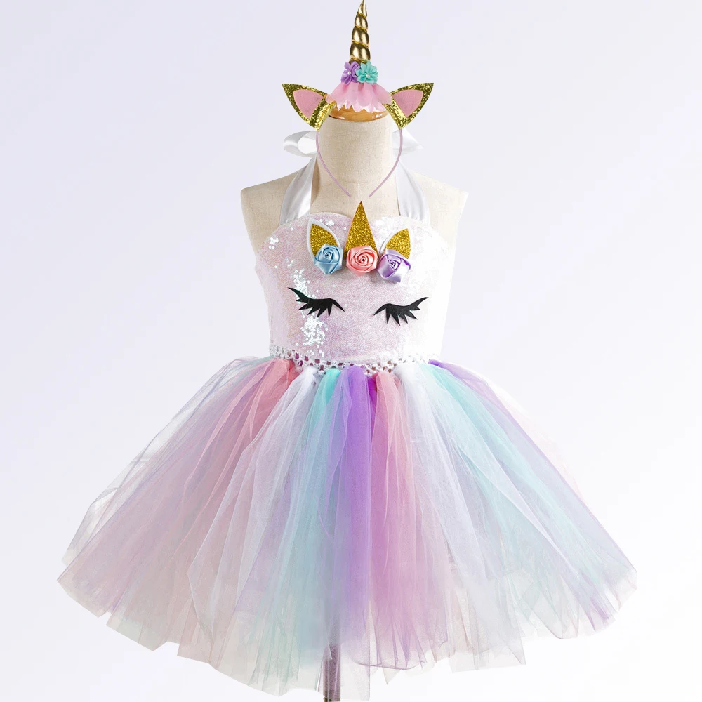 Girls Unicorn Tutu Dress Rainbow Princess Kids Birthday Party Dress ...