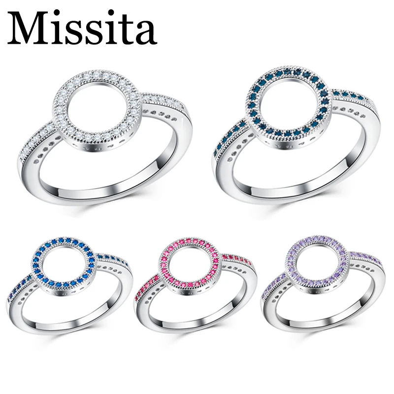 

Cuteeco 5 Colors Silver Forever Clear Pink CZ Circle Round Finger Rings For Women Jewelry Wedding Pan Ring Jewelry Gift