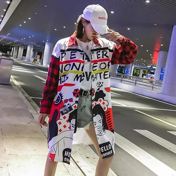 

#1680 2019 Spring Summer Hip Hop Ladies Extra Long Shirt For Women Streetwear Harajuku Loose Thin Printed Tunic Shirt Blouses