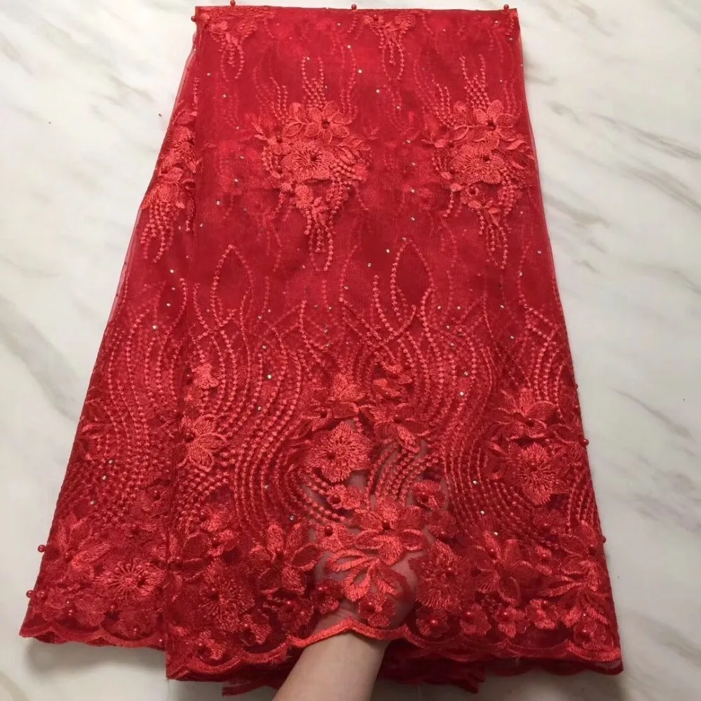 

2019 red Guipure African Lace Fabric High Quality French Net Lace Fabric With beads Advanced Nigerian Lace Fabric For Wedding
