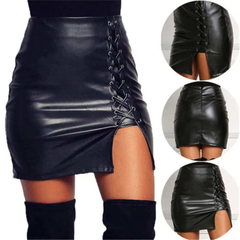 Черная кружевная юбка из искусственной кожи, осенне-Летняя женская юбка-карандаш с разрезом сбоку, винтажная облегающая мини-юбка