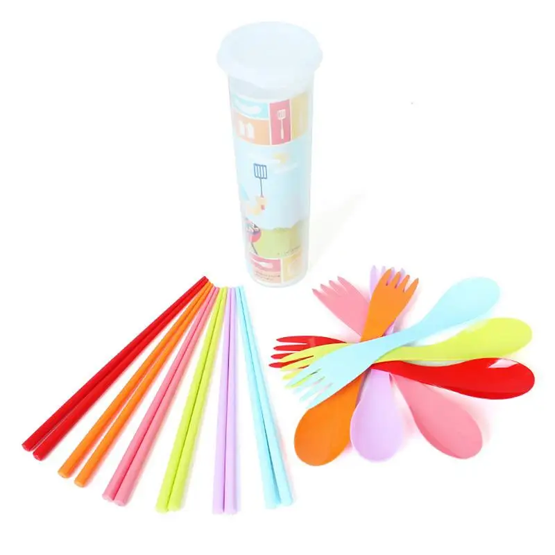 Picnic al aire libre innovador comida grado 6 piezas tenedor cuchara palillos Camping arcoíris Color vajilla portátil palillos conjunto