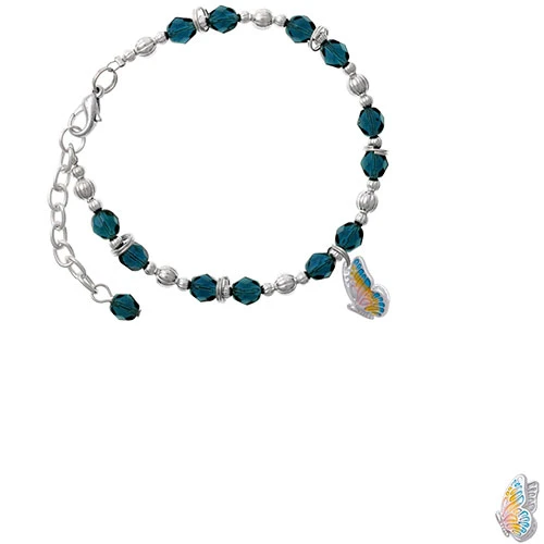 Silvertone Translucent Pastel Flying Butterfly Navy Blue Beaded Bracelet |