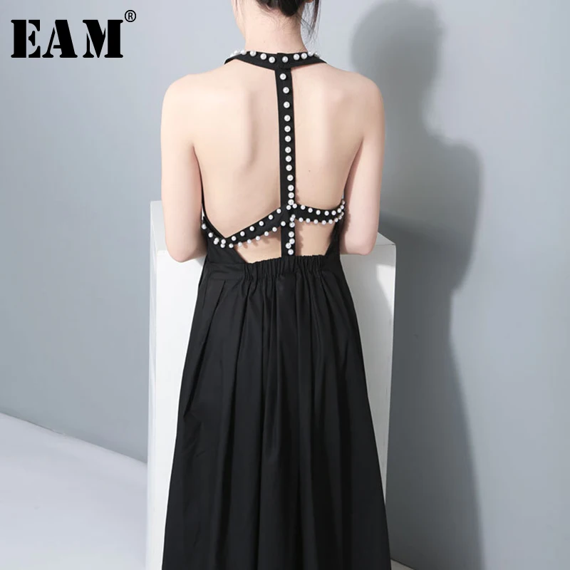 

[EAM] 2019 New Spring Summer Round Neck Sleeveless Backless Pearl Nailed Hollow Out Temperament Dress Women Fashion Tide JU181