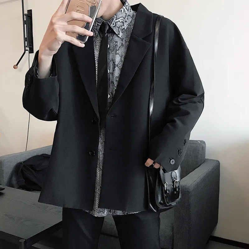 

2019 spring new simple Korean chic suit jacket retro loose single male black / dark brown size M-XL