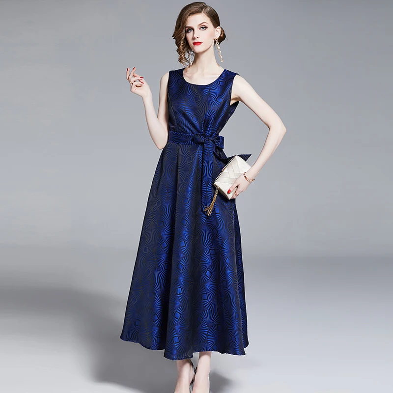 

Runway Jacquard Dress Women 2019 Summer Autumn Pocket Blue Dresses Embroidery Patterns Office Ladies Lace Up Long Dress Party
