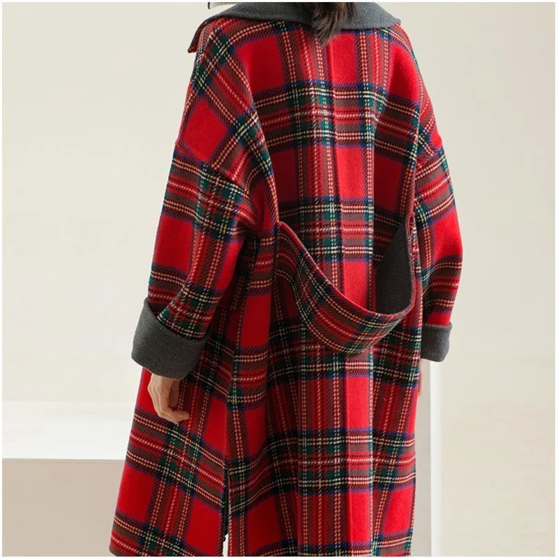 [EAM] 2019 New Autumn Winter Lapel Long Sleeve Red Plaid Stitching Thicken Large Size Woolen Coat Women Parkas Fashion LD0180