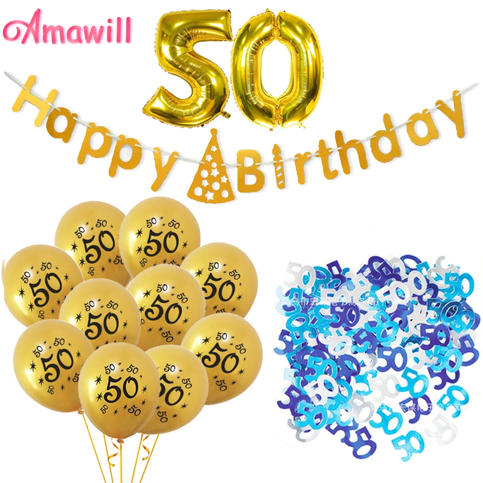 Amawill счастливого 50-го дня рождения конфетти 32 дюйма золотые цифры фольга латекс