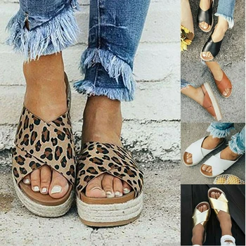 

Fashion Summer Beach Slippers Casual Solid Pu Leather Flip Flops Woman Wedge Flatform Espadrille Gold Color Womens Slippers