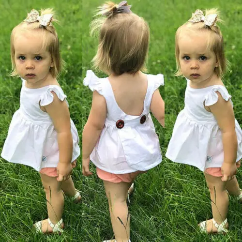 

3M-3.5T Toddler Infant Kids Baby Girls Flying Sleeve Dress T-shirt Soild White Sundress Clothes