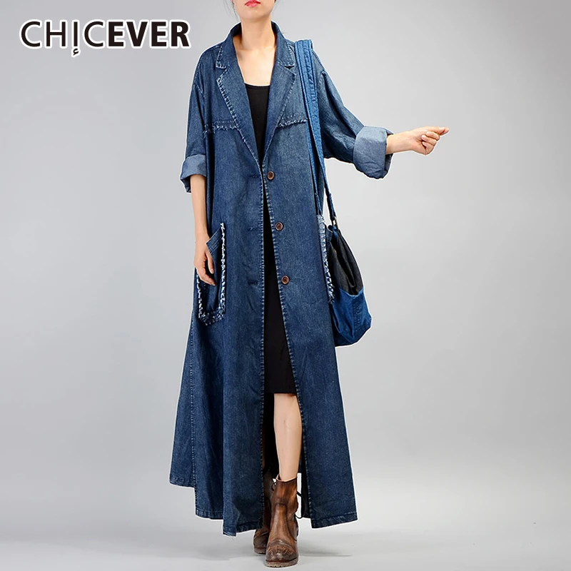 

CHICEVER Autumn Denim Trench Coat For Women's Windbreaker Long Sleeve Two Pockets Loose Oversize Coat Female Fashion Clothing