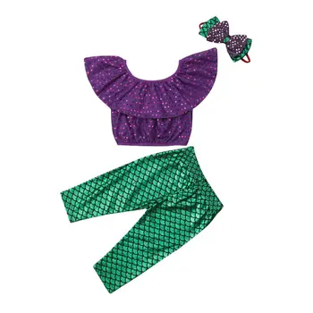 

2019 Summer Children Girl Mermaid Clothes Sequins Dot Crop Tops Long Pant Legging Headband 3PCS Outfits Girls Clothing Set