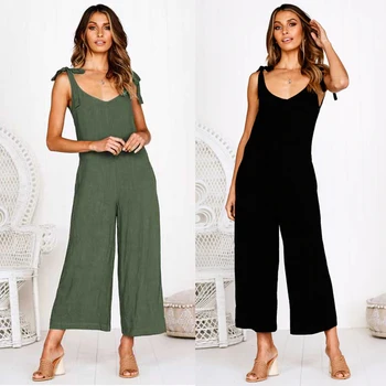 

New Women Casual Summer V Neck Playsuit Loose Shoulder Strap Jumpsuit Romper Trousers