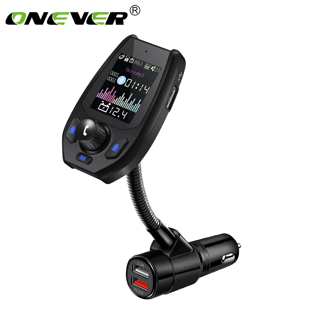

Onever 1.8 inch Color Screen Bluetooth 5.0 Car FM Transmitter Modulator MP3 Music player 2 USB Port AUX Port Car Charger Adapter
