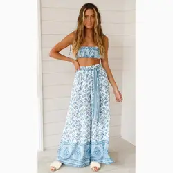 2019 летний женский комплект с широкими штанинами женские длинные брюки комплекты повседневные пляжные богемные цветочный принт пляжный