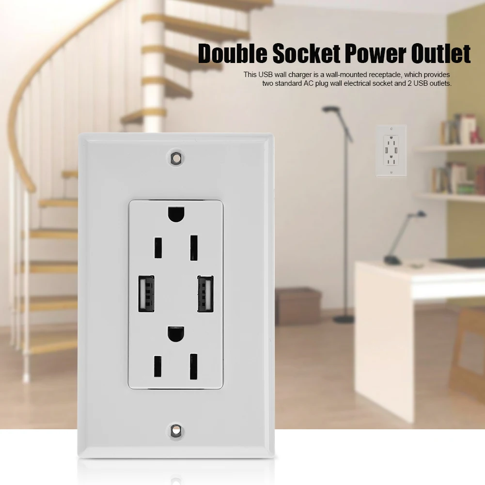 

Double USB Outlet Socket Wall Mount Power Supply Socket Strip Receptacle with DC 5V 2.4A Dual USB Wall Charger US Plug