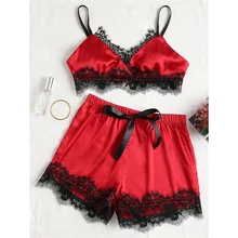 2019 Womens Plus Size Eyelash Lace Lingerie Nightwear Bodydoll V-neck Lace Top +Elastic Shorts Details Pajamas Set black sexy v neck lace details padded pajamas set