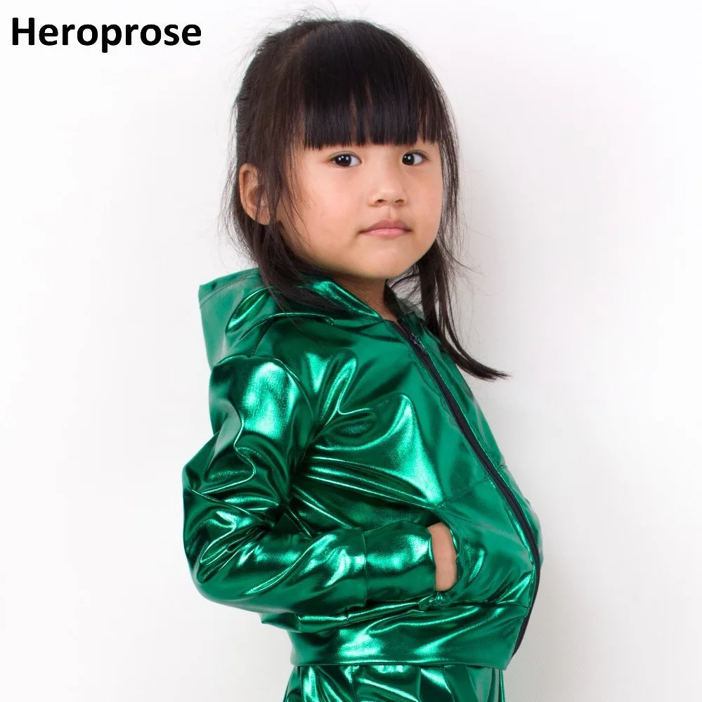 

New 2018 Spring Autumn Kids Green With Pockets bomber Jacket Stage Performance Wear paillette feminina casaco Hip Hop dance coat