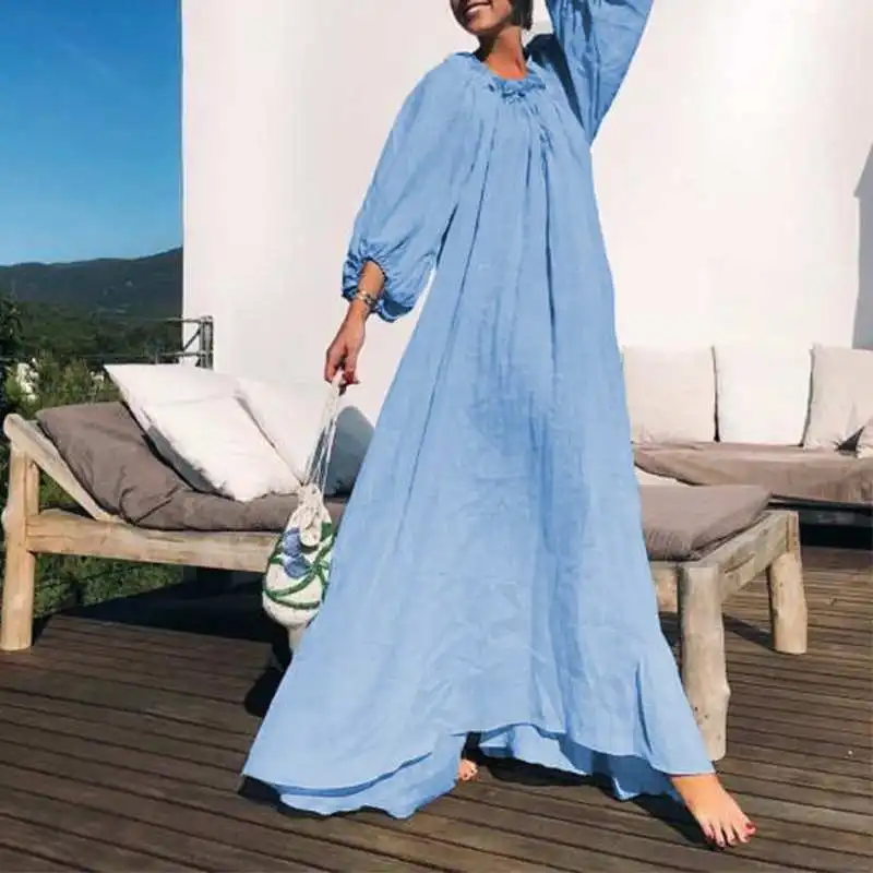 

VONDA Women Dress Autumn 2019 Long Dresses Vintage Solid Lantern Sleeve Loose Swing Maxi Dress Plus Size Party Vestidos