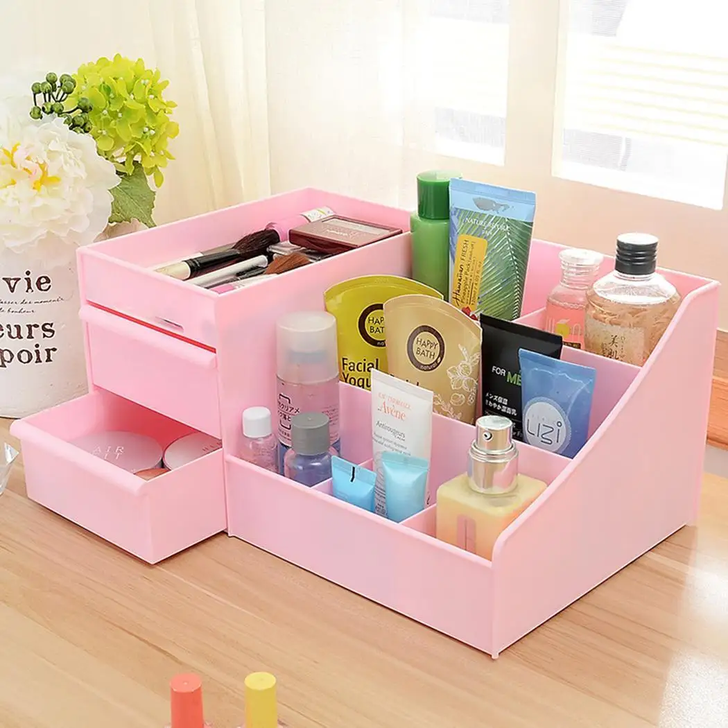 

9 Lattices Desktop Makeup Organizer Storage Box Cosmetic Container Pink Purple Green Blue Case With Drawer