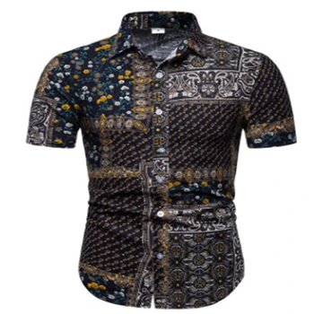 

Mens Short Sleeve Button Down Collar Hot Sale Retro Abstract Floral Print Shirt