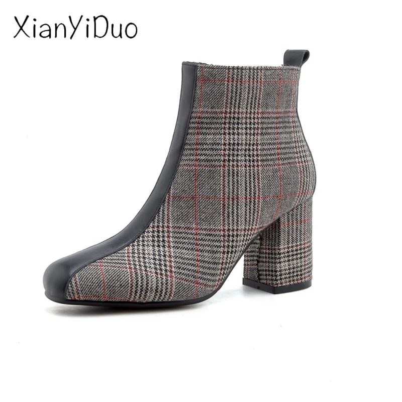

Xianyiduo 2019 Women's Shoes Ankle Boots super high heel Pointed Toe plus size 40-43 lattice short plush zipper Patchwor /V216-3