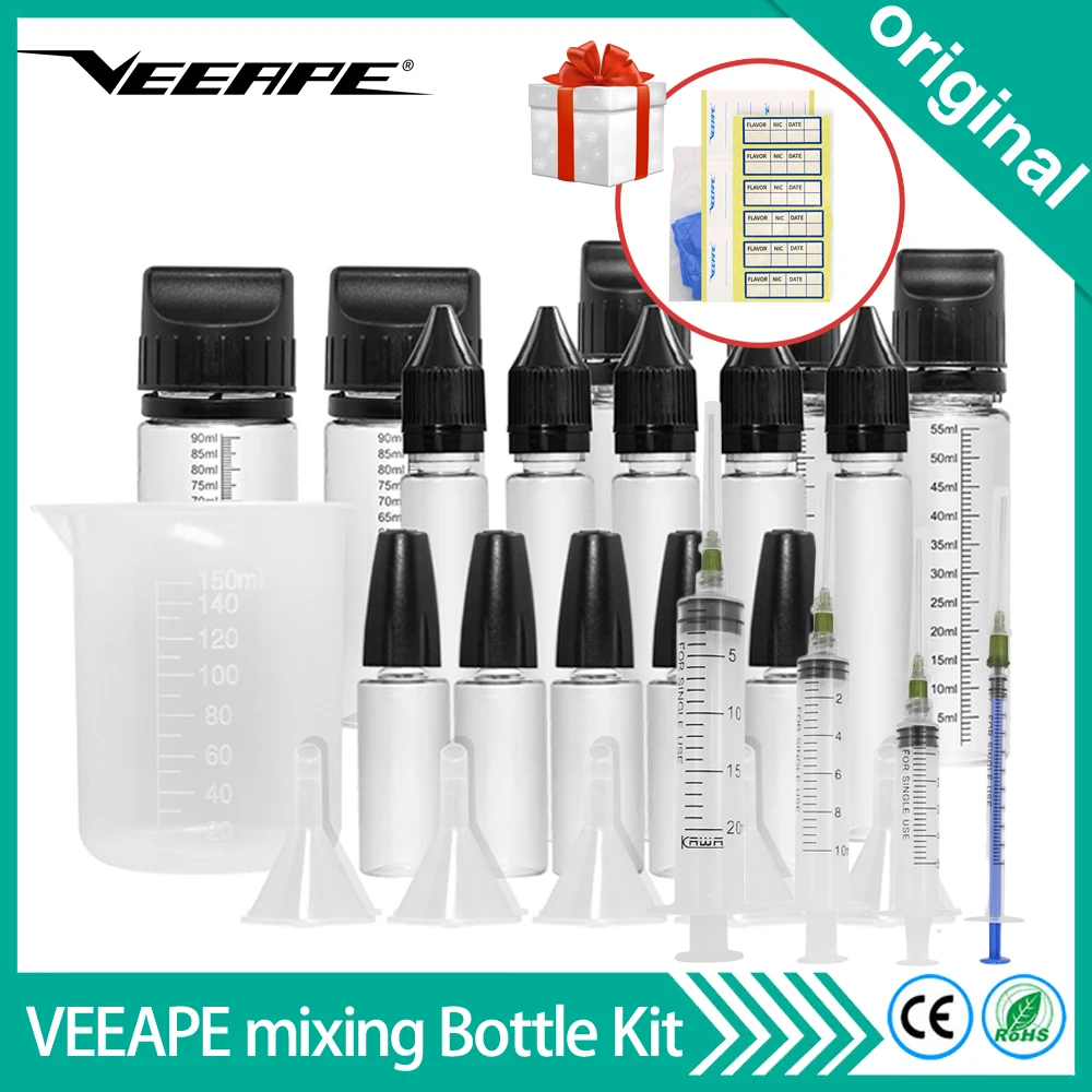 

Original Veeape Dropper e juice Bottle 15ml 30ml 60ml 100ml With funnels Beaker syringes mixing e-liquid Bottle for E Cigarette