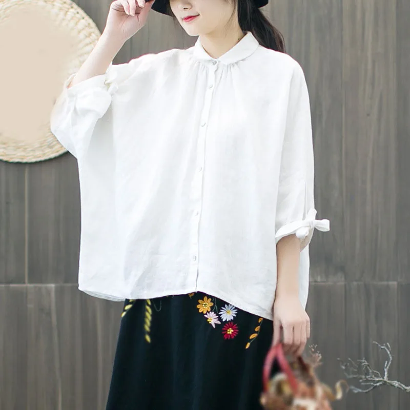 

2019 New Spring Vintage Women Bat Sleeve Blouses Chinese Style Tops Linen Shirts Button Solid Color Casual Shirt