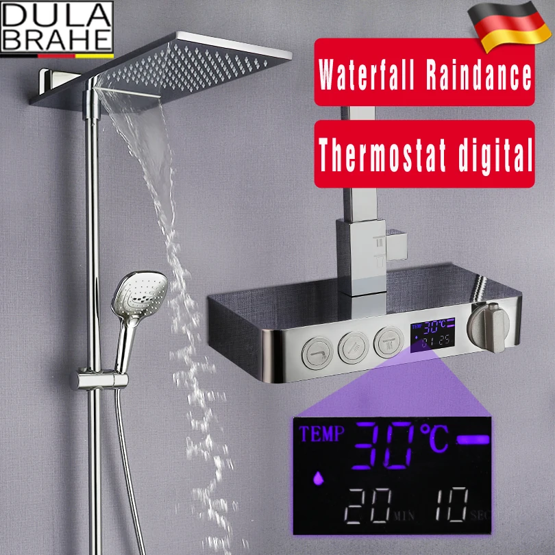 Bathroom Shower Faucet Set Bath Mixer Waterfall Rain Shower Head Thermostatic Mixer Tap Digital Shower Panel  Shower System