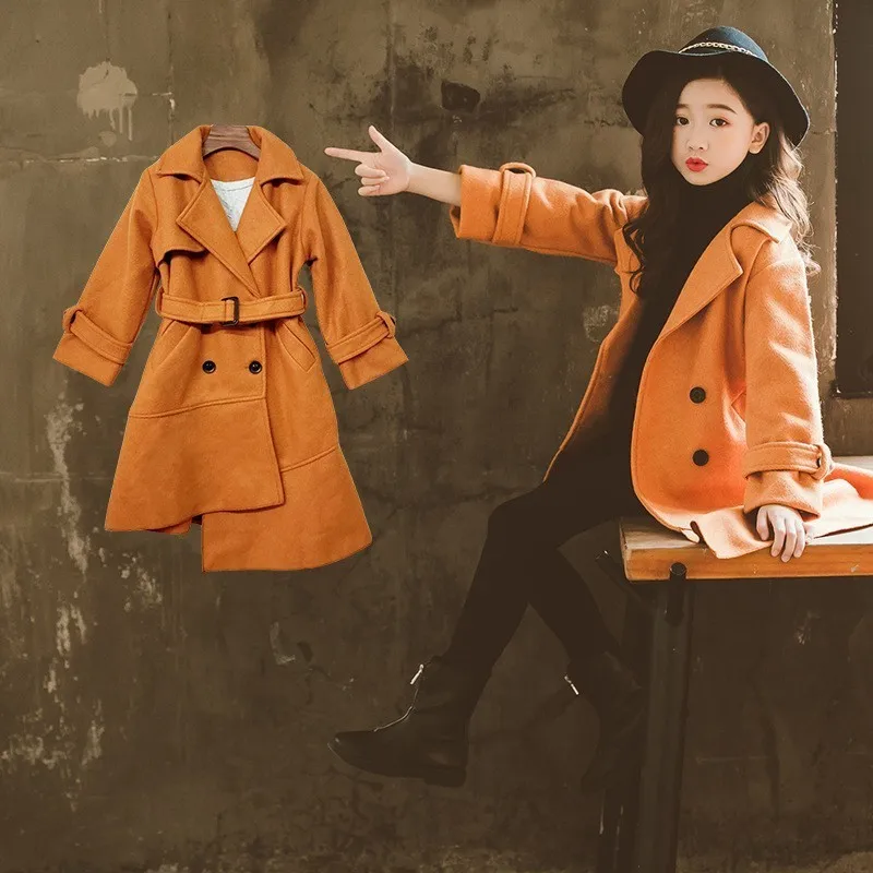 

woolen asymmetrical belt children fashion trench coats baby big girls solid long jackets clothing kids thick winter coats girls